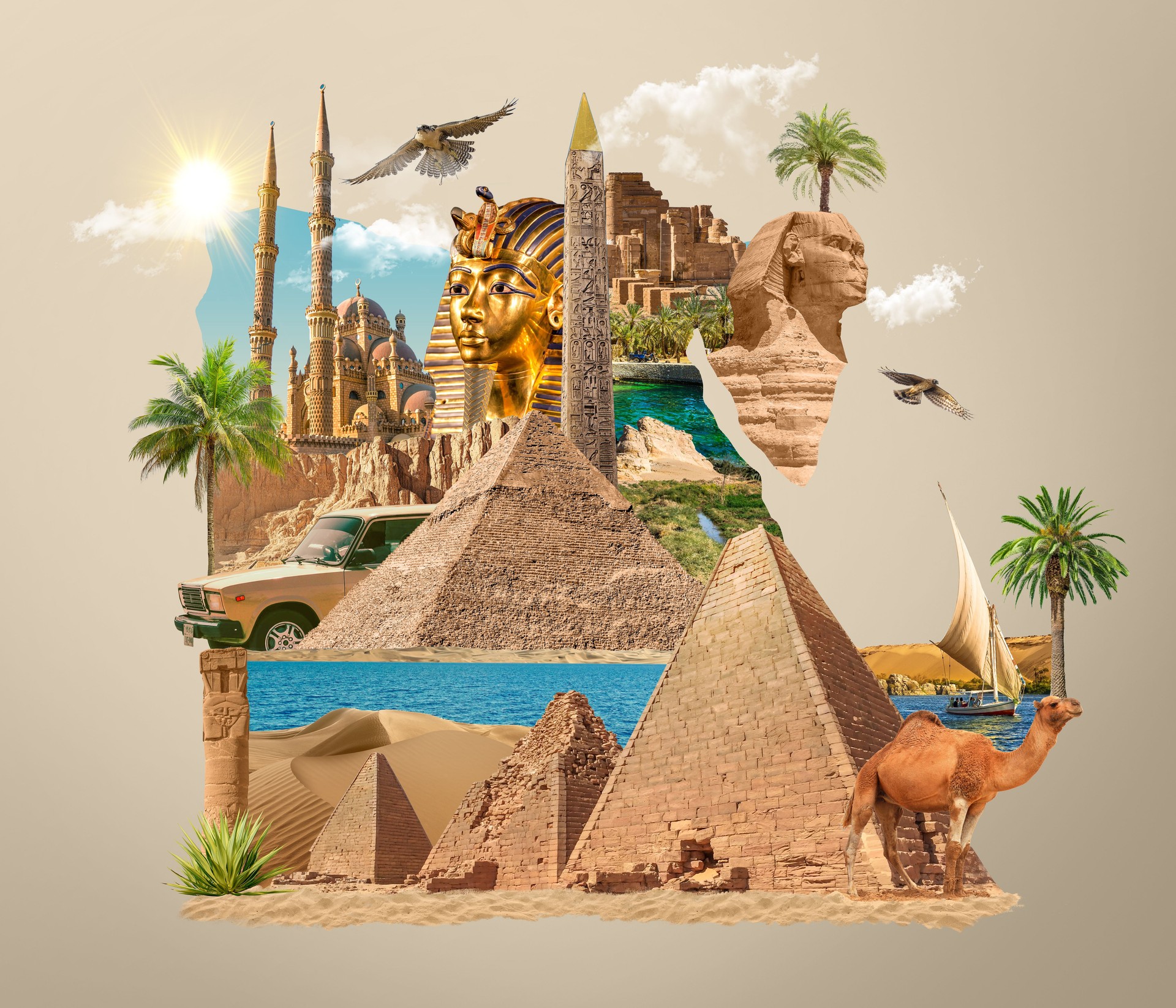 map of Egypt with culture on it, beautiful landscape and old architecture, isolated 3d illustration, eagles camels and nature on it,